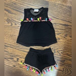 Black Tank and Shorts Set with Colorful Tassels